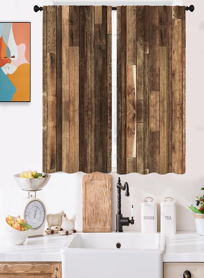 Kikiry Brown Western Kitchen Curtains Mini 27.5''W x 39''L Farmhouse Antique Barn Door Rustic Country Wooden Men Board Short Small Cafe Room Rod Pocket Window Drapes Treatment Tiers Fabric 1 Pair - Image 1